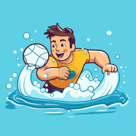 Téléchargez les illustrations : Illustration vectorielle d'un jeune homme jouant au water-polo sur une planche de surf - en licence libre de droit