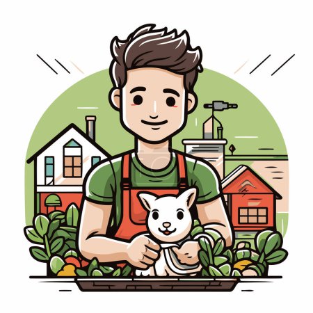 Téléchargez les illustrations : Illustration vectorielle d'un fermier tenant un lapin dans ses mains. Cartoon style. - en licence libre de droit