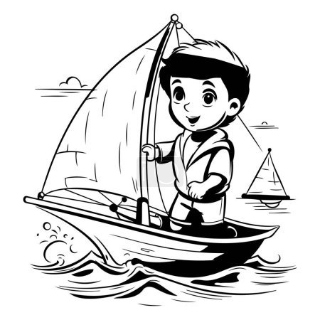 Téléchargez les illustrations : Garçon naviguant sur un voilier. illustration vectorielle noir et blanc. - en licence libre de droit