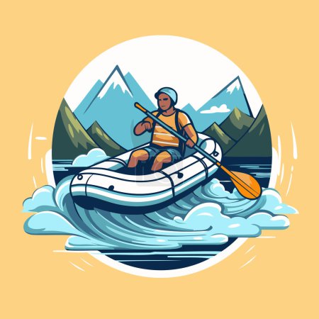 Téléchargez les illustrations : Faire du kayak dans les montagnes. Illustration vectorielle sur fond jaune. - en licence libre de droit