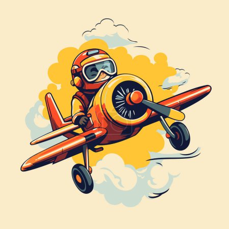 Téléchargez les illustrations : Pilote de bande dessinée avec avion. Illustration vectorielle d'un pilote de dessin animé avec avion. - en licence libre de droit