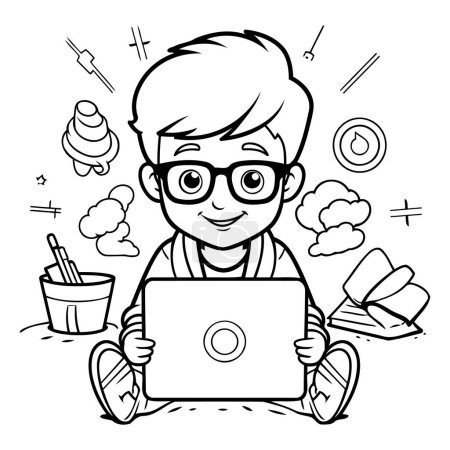 Illustration for Cartoon Illustration of Kid Boy Using Laptop or Computer for Coloring Book - Royalty Free Image