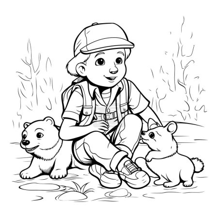 Téléchargez les illustrations : Boy scout avec un chien. Livre à colorier pour enfants. Illustration vectorielle - en licence libre de droit
