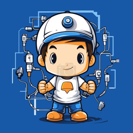 Illustration for Cute little boy playing electrician on blue background. Vector illustration. - Royalty Free Image