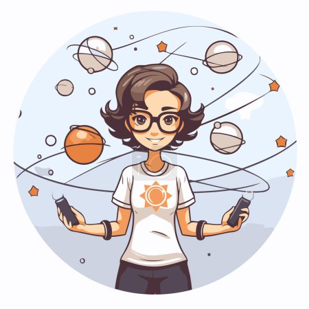 Ilustración de Chica con sistema solar y planetas. Ilustración vectorial en estilo de dibujos animados. - Imagen libre de derechos