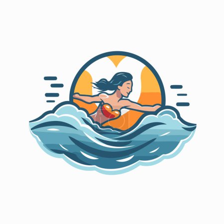 Téléchargez les illustrations : Fille nageant dans la mer. Illustration vectorielle dans un style plat. - en licence libre de droit