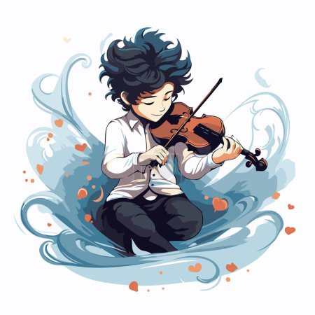 Téléchargez les illustrations : Illustration d'un garçon jouant du violon sur fond de vague. - en licence libre de droit