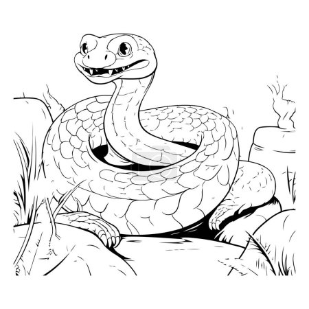 Téléchargez les illustrations : Serpent sur la pierre. illustration vectorielle noir et blanc pour livre à colorier - en licence libre de droit