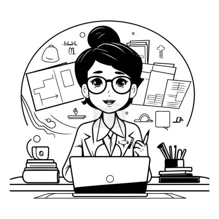 Téléchargez les illustrations : Femme d'affaires travaillant sur un ordinateur portable au bureau. Illustration vectorielle noir et blanc. - en licence libre de droit