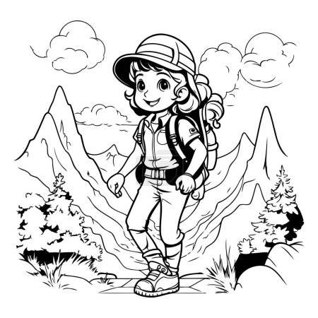 Illustration for Hiker girl - black and white vector illustration for coloring book. - Royalty Free Image