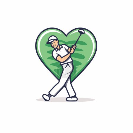 Illustration for Golf player holding a green heart. Vector illustration in cartoon style. - Royalty Free Image