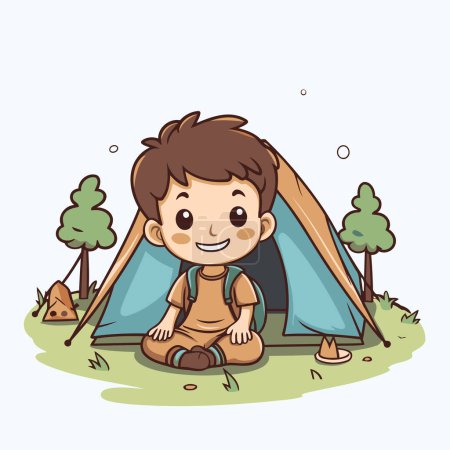 Téléchargez les illustrations : Mignon petit garçon assis dans une tente dans la forêt. illustration vectorielle - en licence libre de droit