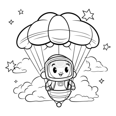 Ilustración de Lindo astronauta con paracaídas de dibujos animados en blanco y negro vector ilustración diseño gráfico - Imagen libre de derechos