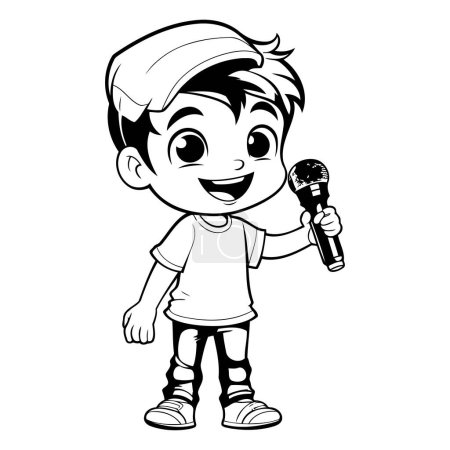Téléchargez les illustrations : Garçon chantant avec microphone - Illustration de bande dessinée en noir et blanc. Vecteur - en licence libre de droit