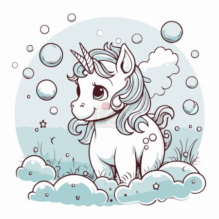 Ilustración de Lindo unicornio en las nubes. Ilustración vectorial dibujada a mano. - Imagen libre de derechos