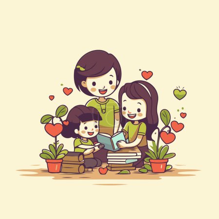 Illustration for Mother reading a book to her children. Cute cartoon vector illustration. - Royalty Free Image