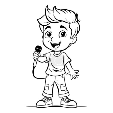 Téléchargez les illustrations : Cute Boy Singing - Illustration de bande dessinée noir et blanc. Vecteur - en licence libre de droit