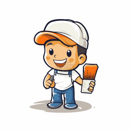 Illustration for Cartoon construction worker holding paint brush and spatula vector illustration. - Royalty Free Image