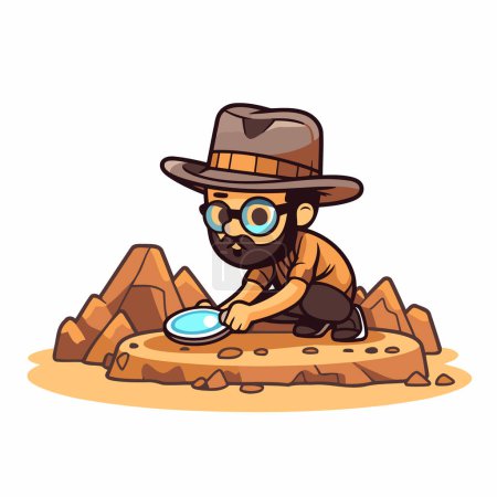 Illustration for Funny cartoon explorer with a magnifying glass. Vector illustration. - Royalty Free Image