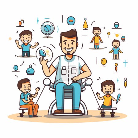 Illustration for Cartoon man in wheelchair with children and icons. Vector illustration. - Royalty Free Image