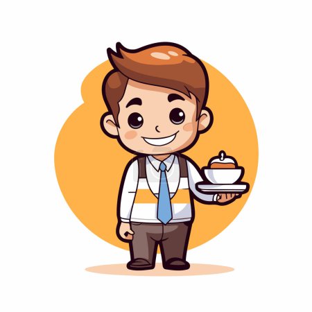 Téléchargez les illustrations : Garçon mignon avec café et gâteau dessin animé personnage vectoriel illustration conception graphique - en licence libre de droit