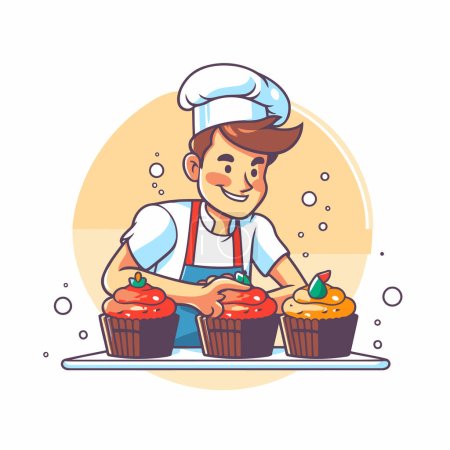 Téléchargez les illustrations : Chef avec des cupcakes. Illustration vectorielle dans un style plat. - en licence libre de droit