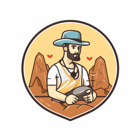Téléchargez les illustrations : Hipster homme jouant à un jeu vidéo dans les montagnes. Illustration vectorielle - en licence libre de droit