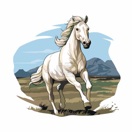Téléchargez les illustrations : Cheval blanc avec une longue crinière courant sur le terrain. Illustration vectorielle - en licence libre de droit