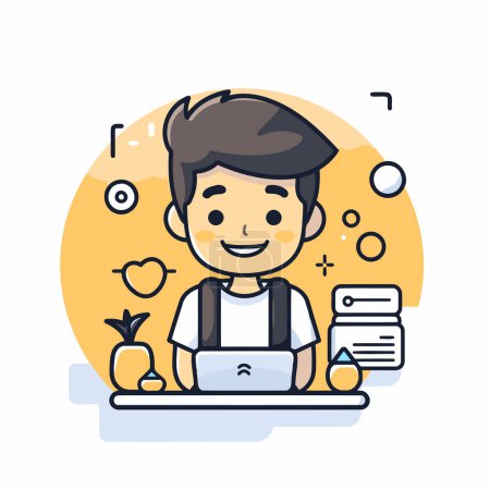 Illustration for Boy working on laptop at home. vector illustration. Flat design. - Royalty Free Image