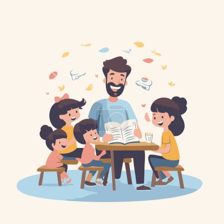 Illustration for Father and children reading a book together. Vector illustration in cartoon style. - Royalty Free Image