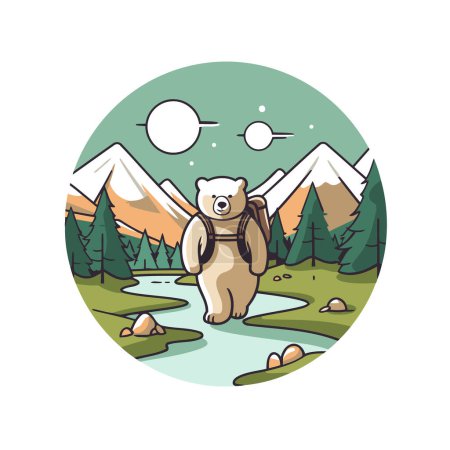 Ilustración de Ilustración vectorial de un oso con una mochila en el fondo de las montañas. - Imagen libre de derechos