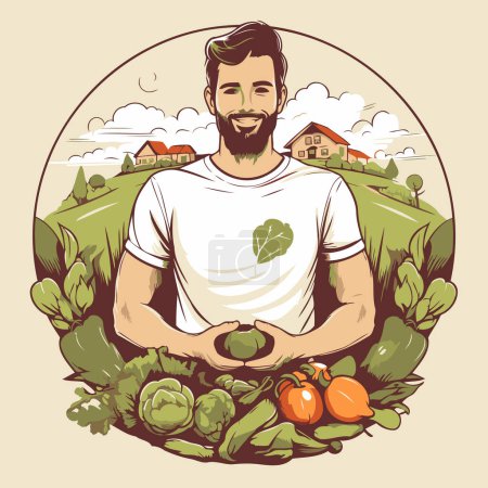Ilustración de Un hombre guapo con verduras en el jardín. Ilustración vectorial. - Imagen libre de derechos