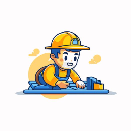 Illustration for Cute little boy in construction helmet playing with blocks. Vector illustration. - Royalty Free Image