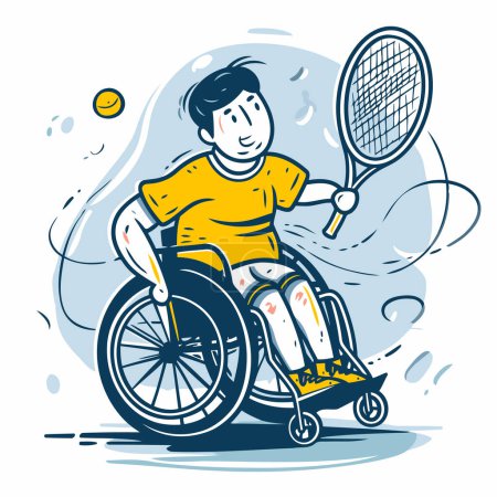 Téléchargez les illustrations : Homme handicapé en fauteuil roulant jouant au tennis. Illustration vectorielle dessinée main. - en licence libre de droit