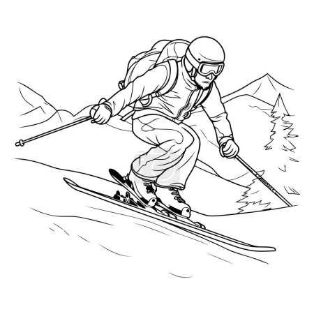 Téléchargez les illustrations : Je skie. Ski alpin skieur. Illustration vectorielle noir et blanc. - en licence libre de droit
