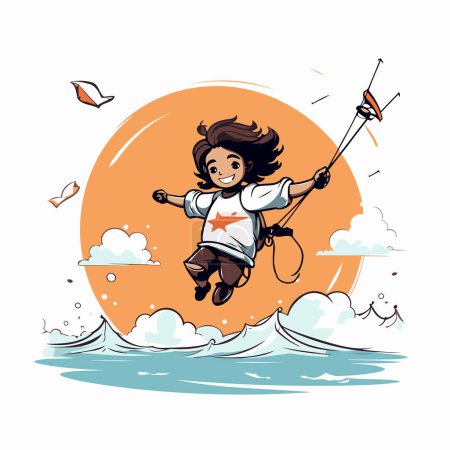 Illustration for Cute little girl jumping on the surfboard. Vector illustration. - Royalty Free Image