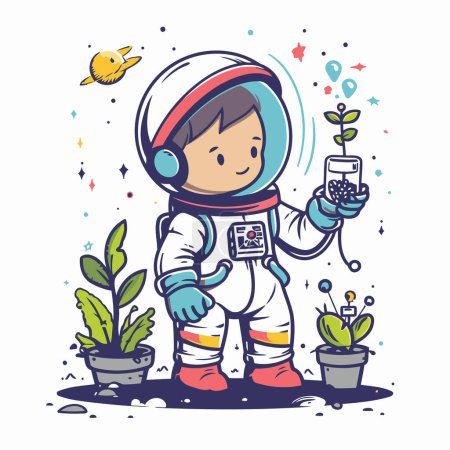 Ilustración de Astronauta sosteniendo un smartphone. Lindo vector de dibujos animados ilustración. - Imagen libre de derechos
