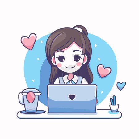 Ilustración de Chica con portátil y taza de café. Ilustración vectorial en estilo de dibujos animados. - Imagen libre de derechos