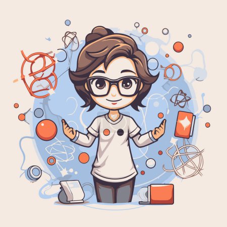 Illustration for Vector illustration of a girl with glasses. Cartoon style. Science theme. - Royalty Free Image
