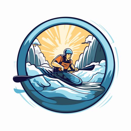 Illustration for Man paddling on a kayak in the mountains. Vector illustration. - Royalty Free Image