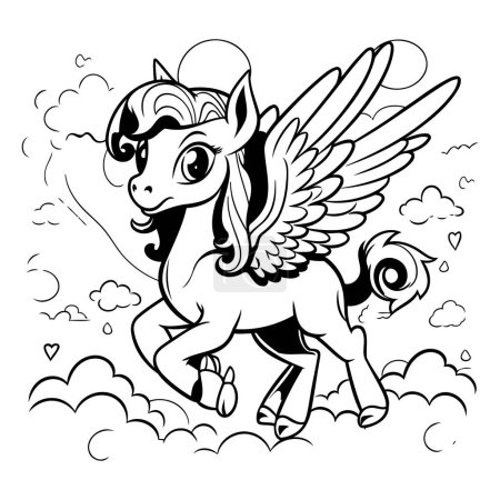 Ilustración de Unicornio en las nubes. Ilustración vectorial en blanco y negro. - Imagen libre de derechos