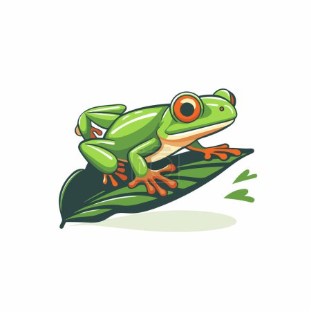 Frog on leaf isolated on white background. Cartoon vector illustration.
