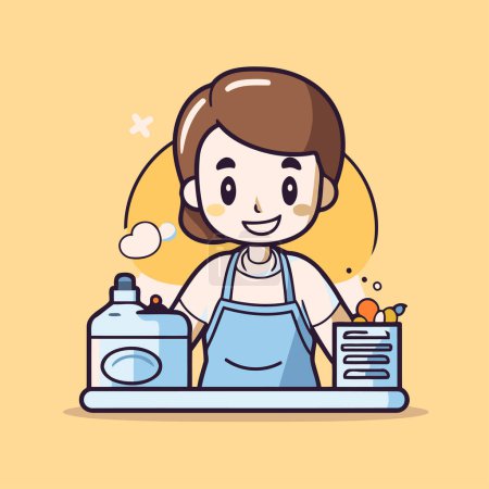 Illustration for Housewife washing dishes in the bathroom. Flat style vector illustration. - Royalty Free Image