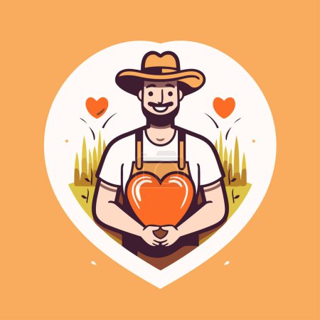 Téléchargez les illustrations : Illustration vectorielle d'un agriculteur avec le cœur dans les mains. Design de style plat. - en licence libre de droit