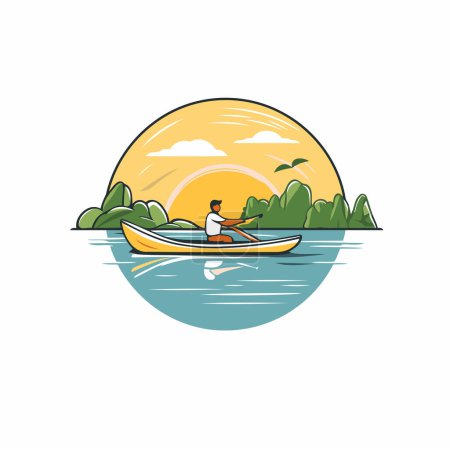 Illustration for Man rowing a boat on the lake. Flat vector illustration. - Royalty Free Image