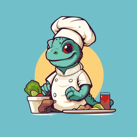 Téléchargez les illustrations : Illustration vectorielle d'un chef crocodile mignon aux légumes. Cartoon style. - en licence libre de droit