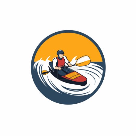 Téléchargez les illustrations : Icône de kayak. Illustration vectorielle d'un homme pagayant en kayak. - en licence libre de droit