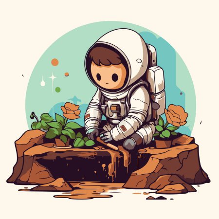 Ilustración de Astronauta sentado en la roca. Ilustración vectorial en estilo de dibujos animados. - Imagen libre de derechos