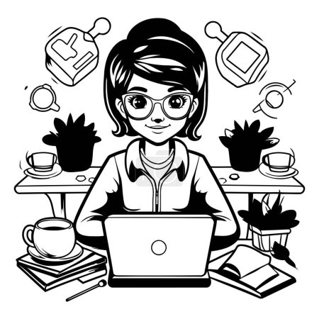 Téléchargez les illustrations : Femme indépendante travaillant à la maison. En freelance. Illustration vectorielle - en licence libre de droit