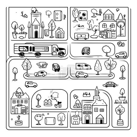 Ilustración de Conjunto de iconos vectoriales con casas. coches. árboles y otros elementos. - Imagen libre de derechos